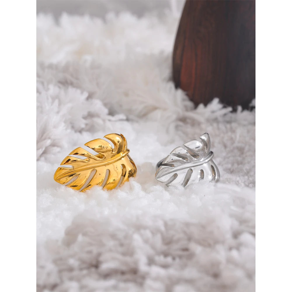 Luxe Jewels Stylish Stainless Steel Metal Leaf Open Ring - 18K Gold Plated Jewelry