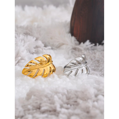 Luxe Jewels Stylish Stainless Steel Metal Leaf Open Ring - 18K Gold Plated Jewelry