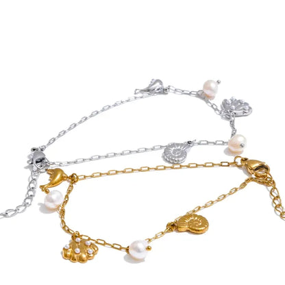 Ocean Charm Pearl Anklet – Shell Dolphin & Conch Design