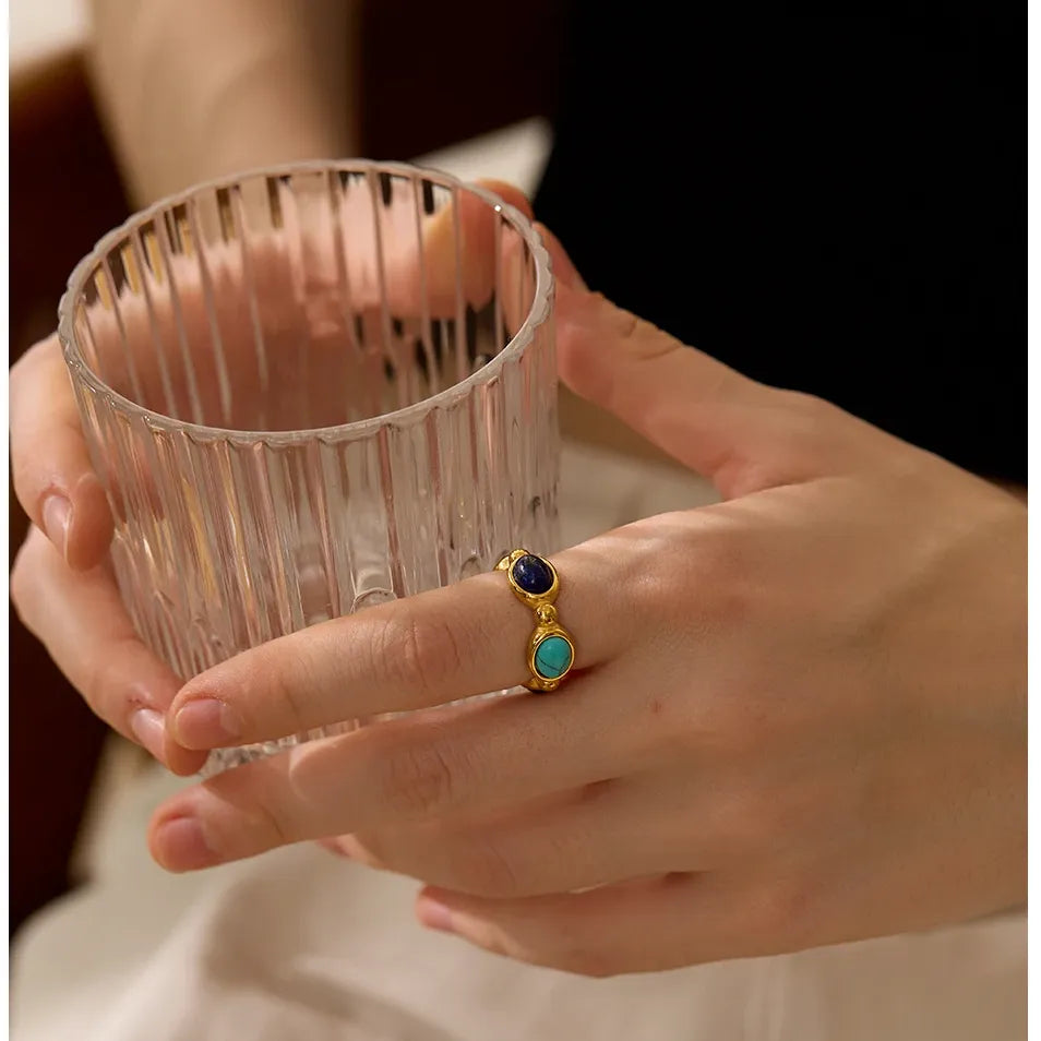 Luxe Jewels Natural Stone Vintage Charm Ring – 18K Gold Plated Stainless Steel Fashion Jewelry for Women