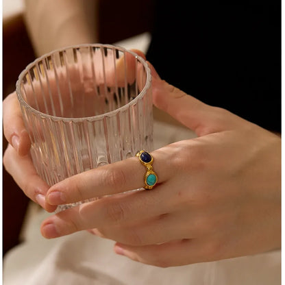 Luxe Jewels Natural Stone Vintage Charm Ring – 18K Gold Plated Stainless Steel Fashion Jewelry for Women