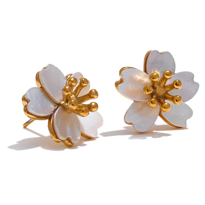 High Quality Natural Shell Flower Golden Daily Stud Earrings - Hypoallergenic Stainless Steel Exquisite Jewelry