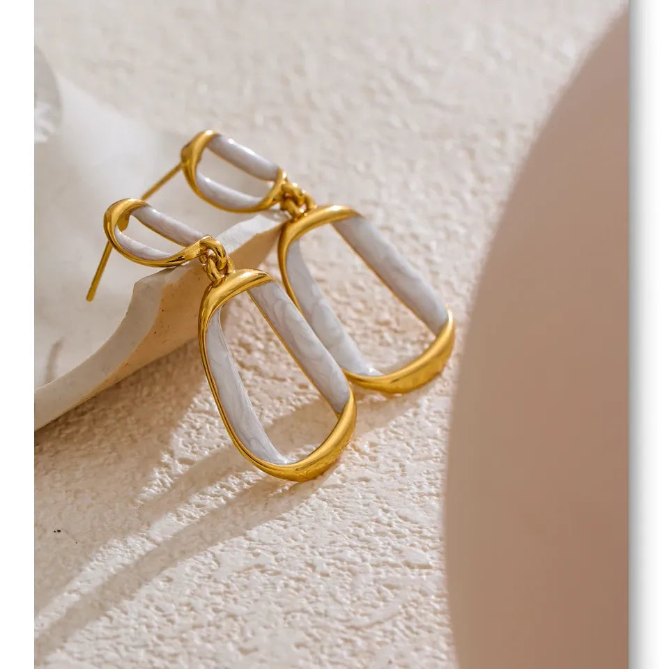 Trendy Stainless Steel White Enamel Rectangular Hollow Drop Earrings 18K Gold Color Plated Jewelry