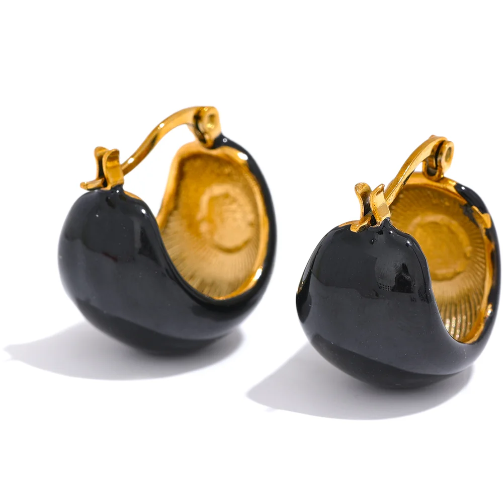 Black White Green Enamel Geometric Waterproof Stainless Steel - Chunky Round Hoop Earrings Women Stylish Jewelry