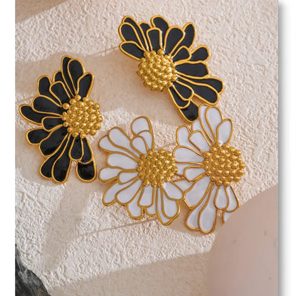 Floral Big White Black Enamel - Fashion Stud Earrings 18K Gold Color PVD Plated Stainless Steel Jewelry