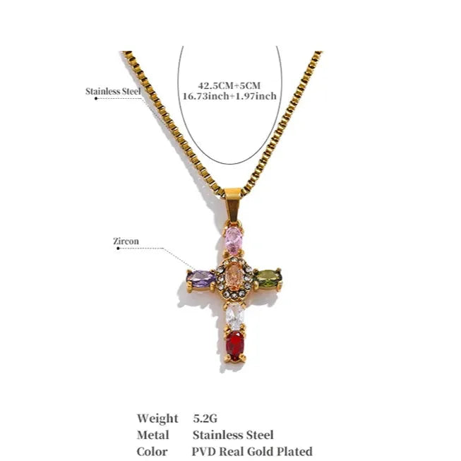 Colorful Cubic Zirconia Cross Pendant Necklace – Gold Stainless Steel
