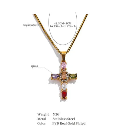 Colorful Cubic Zirconia Cross Pendant Necklace – Gold Stainless Steel