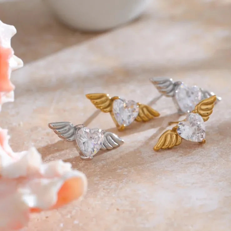 Cubic Zirconia Gold Wing Stud Earrings – Hypoallergenic, Dazzling