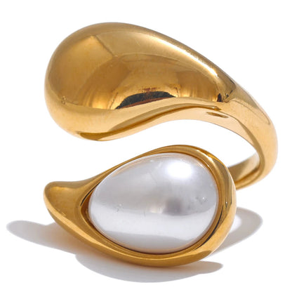 Luxe Jewels Pearl Adjustable Ring for Women - Stainless Steel Gold Jewelry