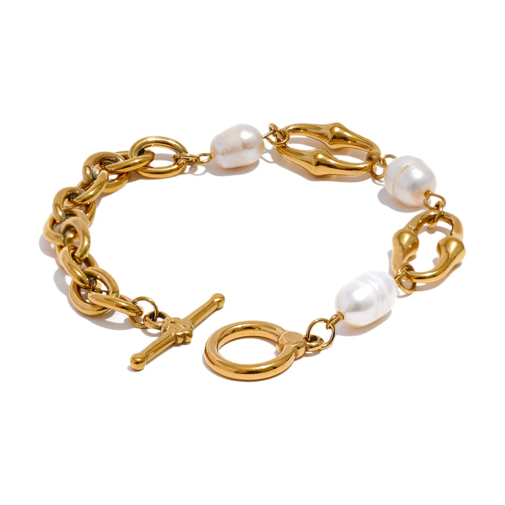 Natural Pearl Toggle Bracelet – 316L Stainless Steel, Waterproof