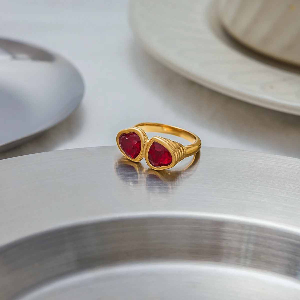 Heart-Shape Red Rhinestone Ring – Waterproof Stainless Steel with 18K Gold Plating