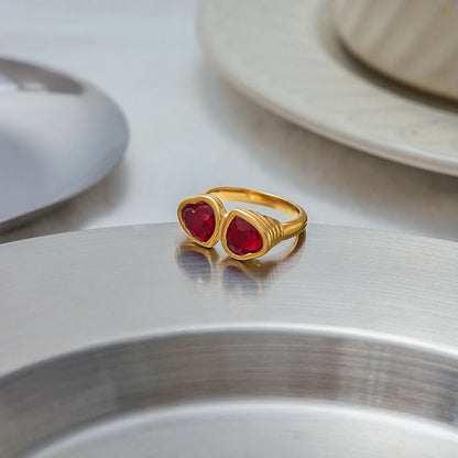 Heart-Shape Red Rhinestone Ring – Waterproof Stainless Steel with 18K Gold Plating