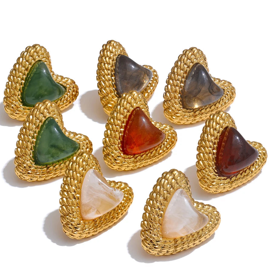 Stainless Steel Resin Heart Love Golden Stud Earrings Daily Wear Trendy Jewelry