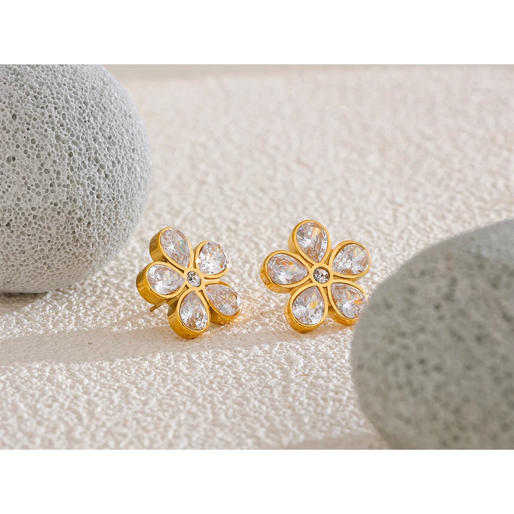 Cubic Zirconia Flower Golden Stud Earrings for Women - 316L Stainless Steel Waterproof Jewellery