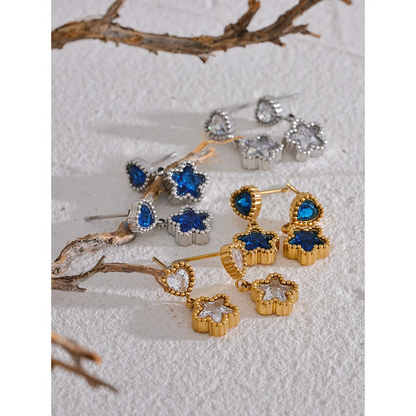 High Quality Blue White Cubic Zirconia Stainless Steel Heart Star Drop Earrings - 18K Gold Plated Jewelry