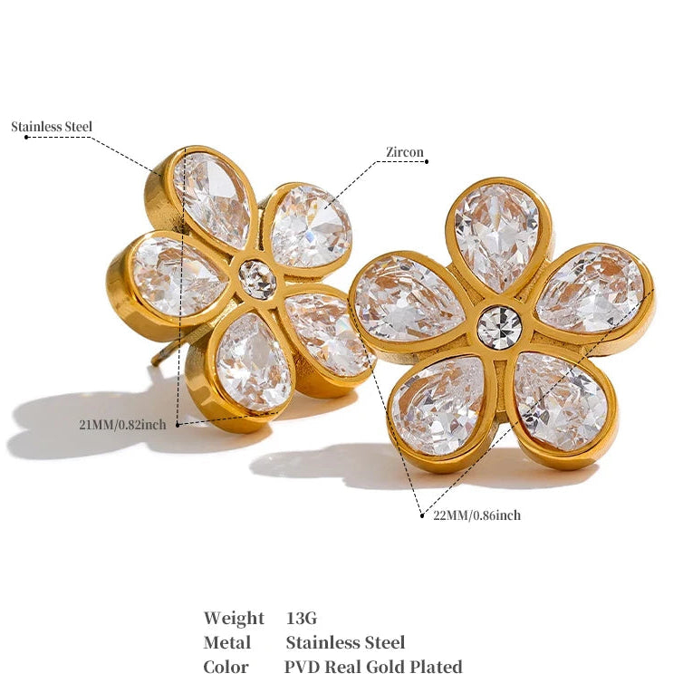 Cubic Zirconia Flower Golden Stud Earrings for Women - 316L Stainless Steel Waterproof Jewellery