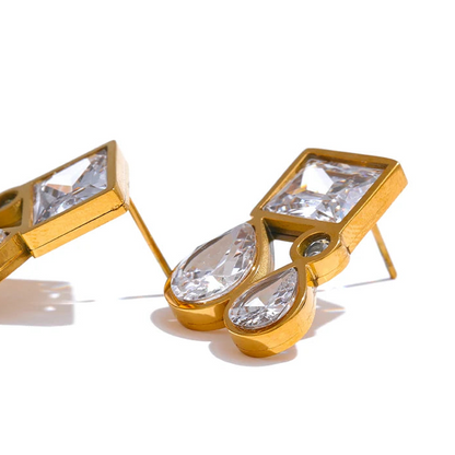 Shiny Cubic Zirconia Square Water Drop Teardrop Stud Earrings 316L Stainless Steel CZ Golden Premium Jewelry