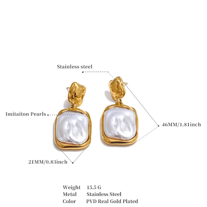 Stainless Steel Pearl Square Drop Earrings for Women Tarnish Resistant - Fashion Jewelry