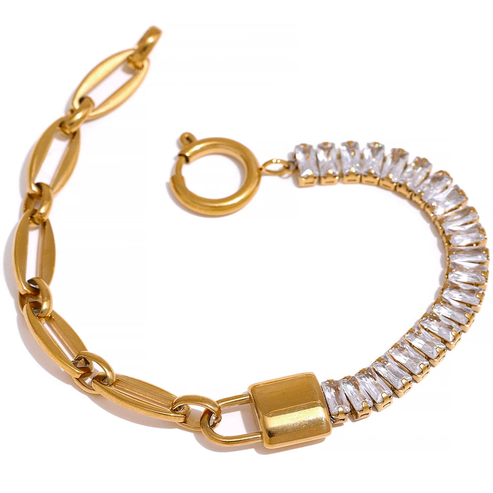 Cubic Zircon Lock Bracelet – Gold Plated Stainless Steel with Cubic Zirconia