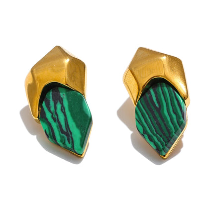 Gold Plated Green Malachite Geometric Earrings – Tarnish Resistant Studs