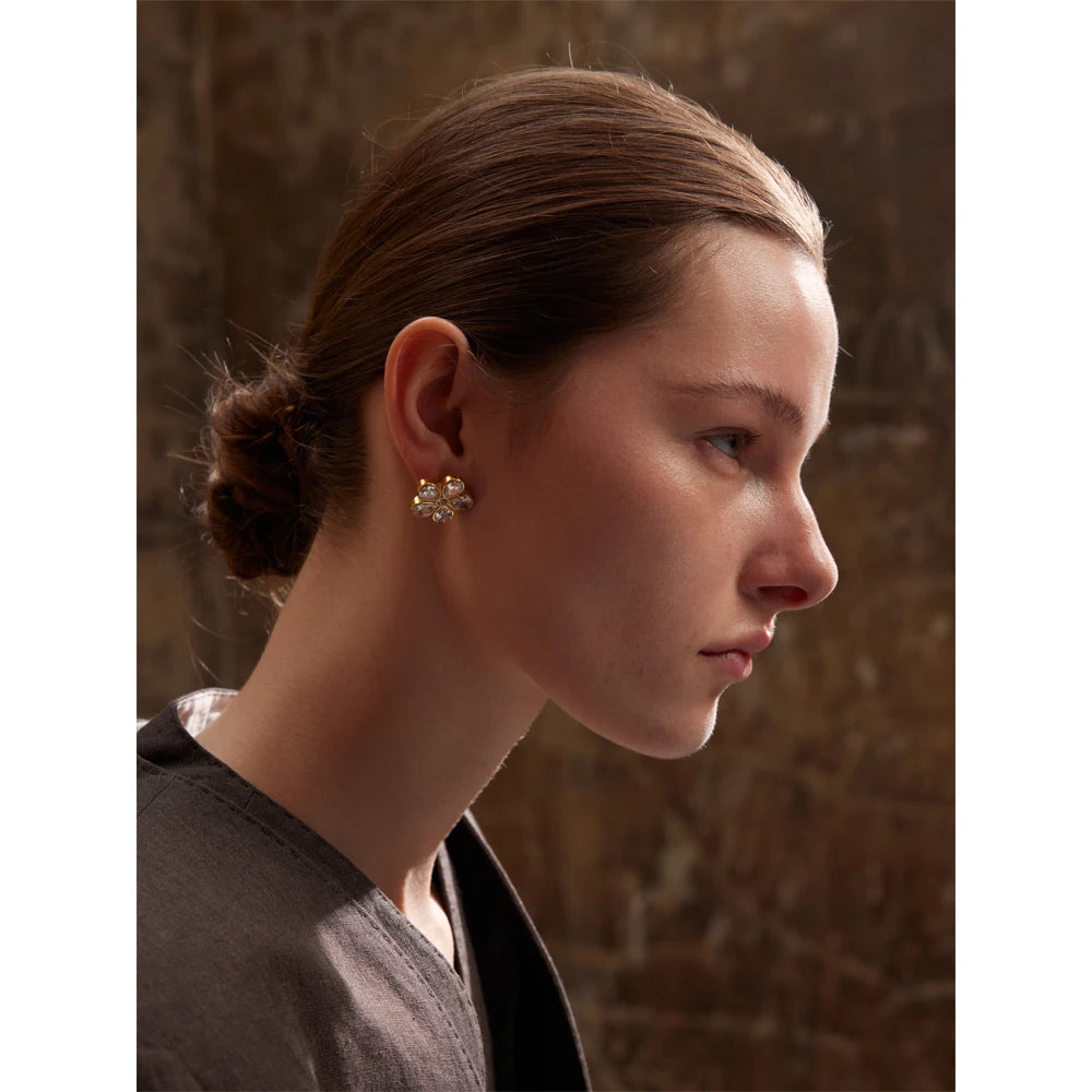 Cubic Zirconia Flower Golden Stud Earrings for Women - 316L Stainless Steel Waterproof Jewellery