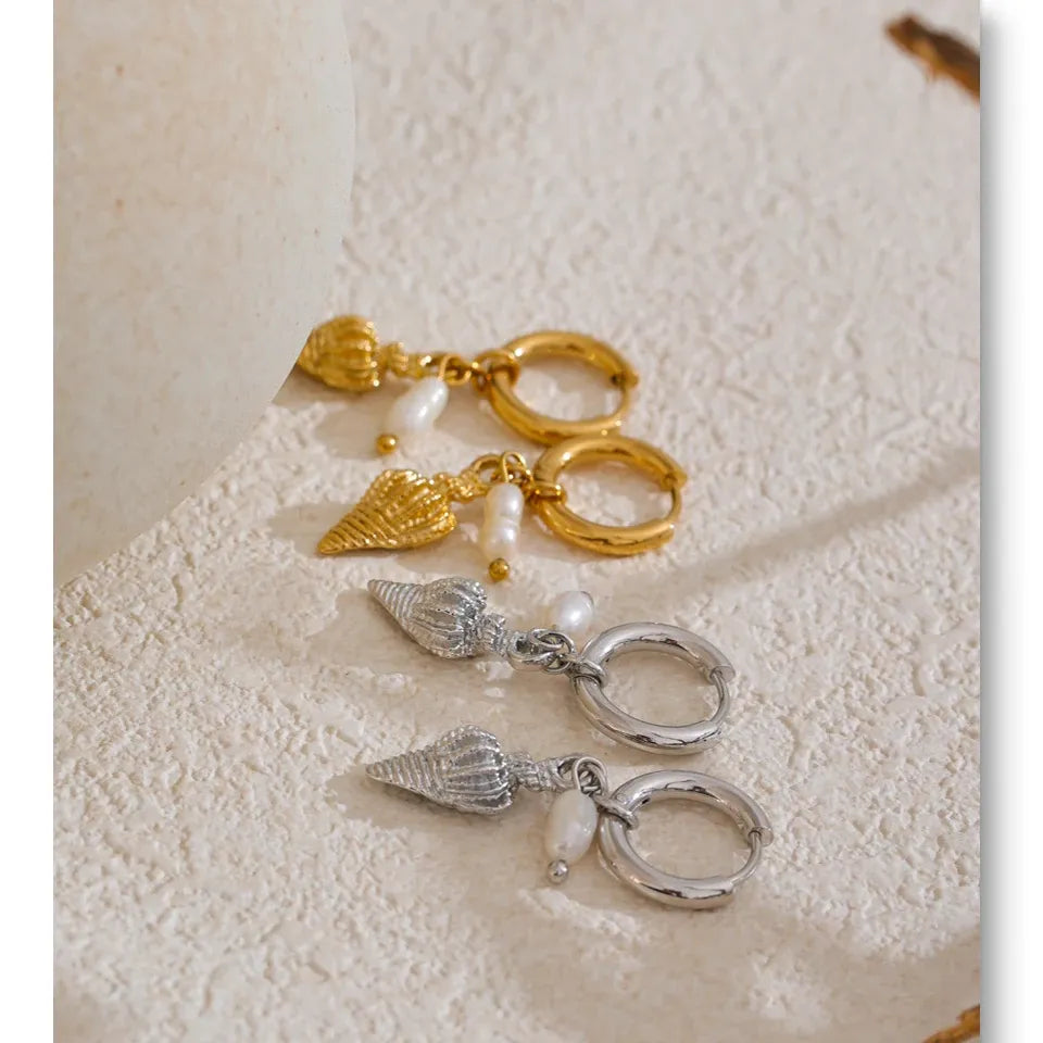 Ocean Theme Natural Pearl Conch Shell Starfish Drop Summer Hoop Earrings for Women Stainless Steel Holiday Daily Jewelry