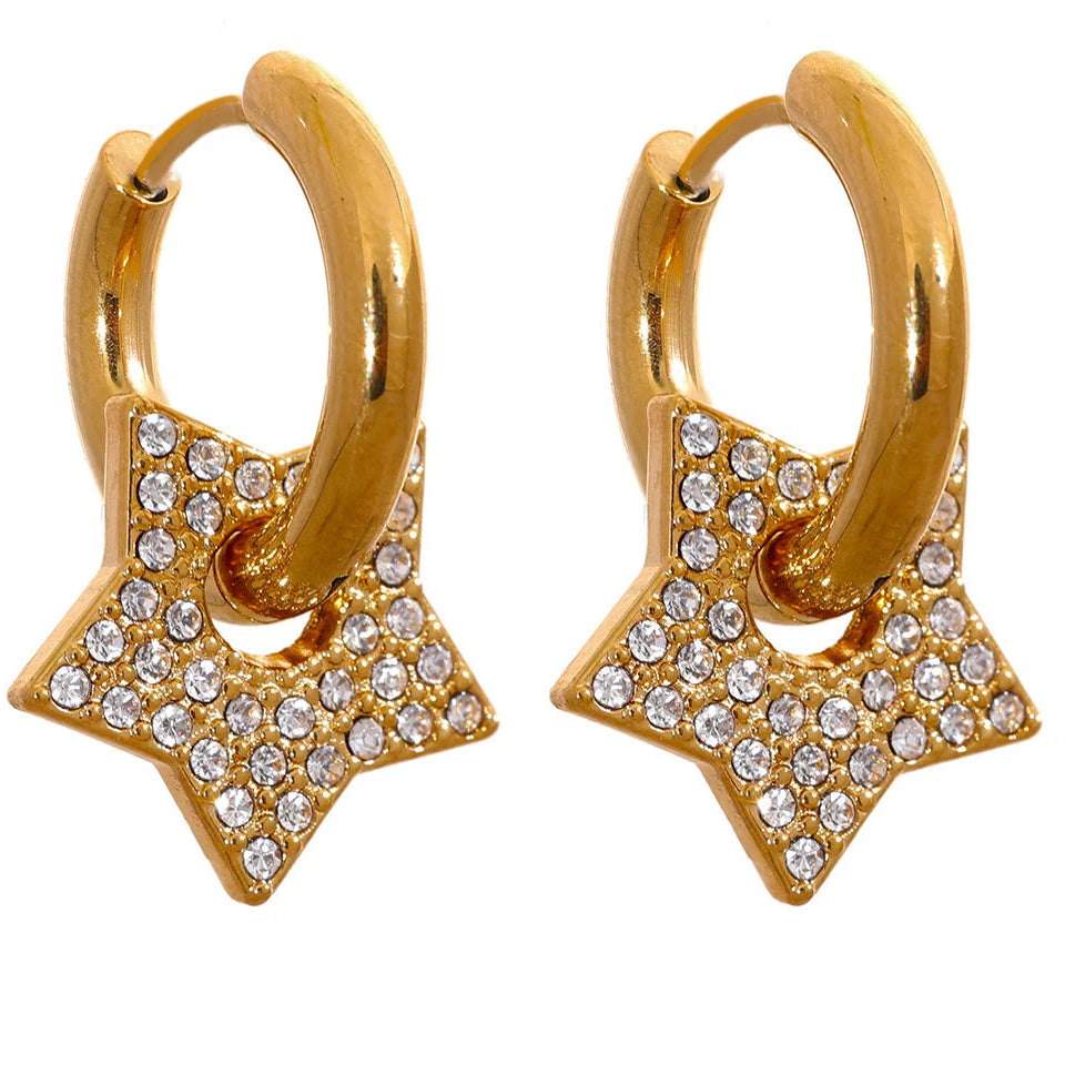 Star Drop Stainless Steel Cubic Zirconia Hoop Earrings for Women 18K PVD Plated Texture Jewelry