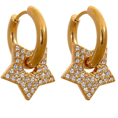 Star Drop Stainless Steel Cubic Zirconia Hoop Earrings for Women 18K PVD Plated Texture Jewelry