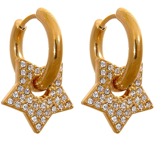 Star Drop Stainless Steel Cubic Zirconia Hoop Earrings for Women 18K PVD Plated Texture Jewelry