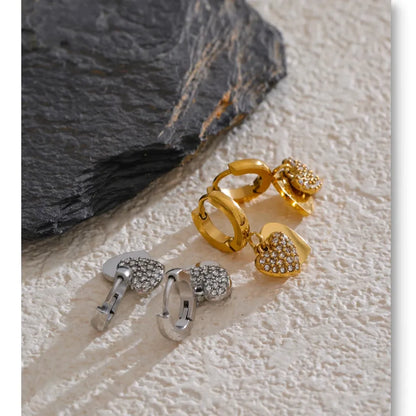 18K Gold Plated Stainless Steel Double Heart Cubic Zircon Drop Hoop Earrings for Women Hypoallergenic High Quality Jewelry