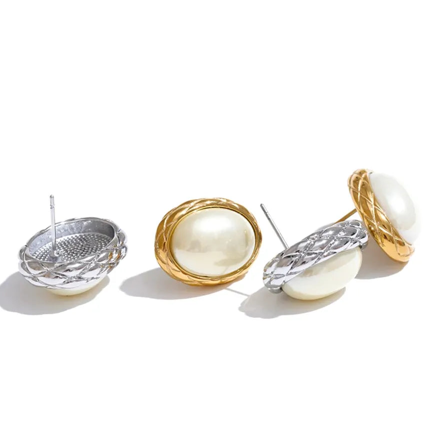 Korean Style Off White Gold - Oval Stud Earrings for Women Pearl Stainless Steel 18K PVD Plated Fashion Jewelry