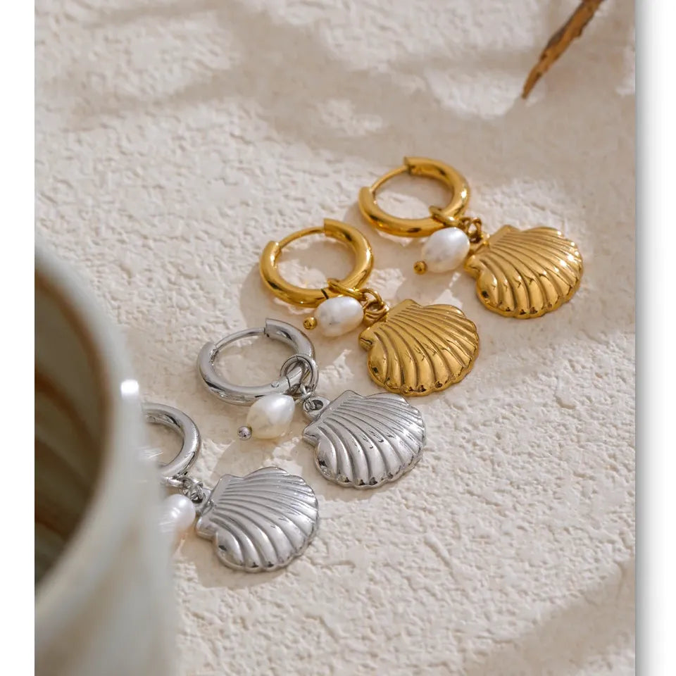 Ocean Theme Natural Pearl Conch Shell Starfish Drop Summer Hoop Earrings for Women Stainless Steel Holiday Daily Jewelry