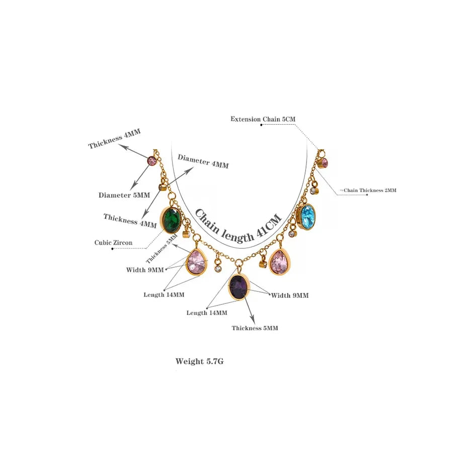 Diagram of a necklace with labeled measurements and gemstone details on a white background