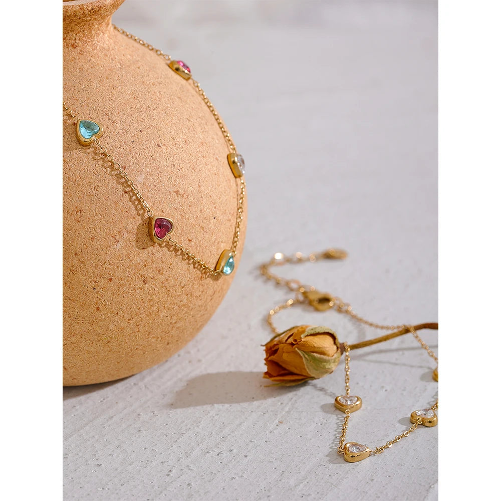 Colorful Heart Zircon Anklet – Gold Plated Stainless Steel