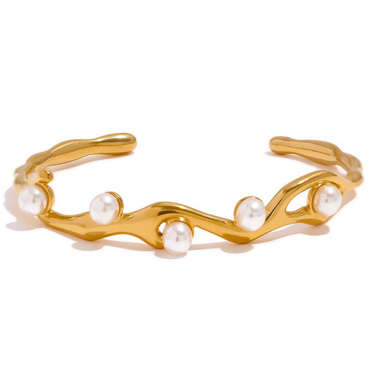 Gold Twist Cuff Bracelet – Stainless Steel & Imitation Pearls