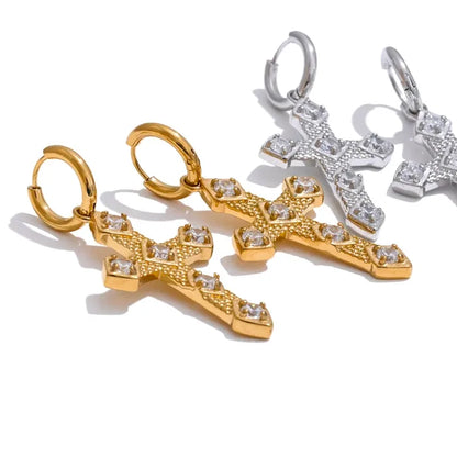Bling Cubic Zirconia Classic Cross Drop Hoop Earrings 18K Gold Color PVD Plated Stainless Steel Exquisite Jewelry