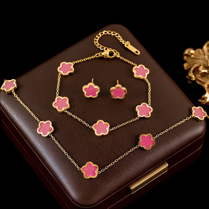 Five-Leaf Clover Jewelry Set – Pink Flower Stainless Steel Trio
