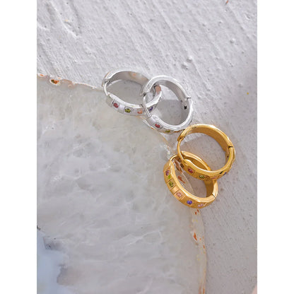 20mm Exquisite Colorful Cubic Zirconia Stainless Steel Round Hoop Earrings  Waterproof Classic Jewelry