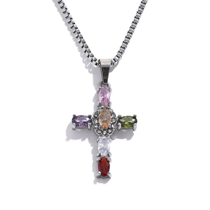 Colorful Cubic Zirconia Cross Pendant Necklace – Gold Stainless Steel