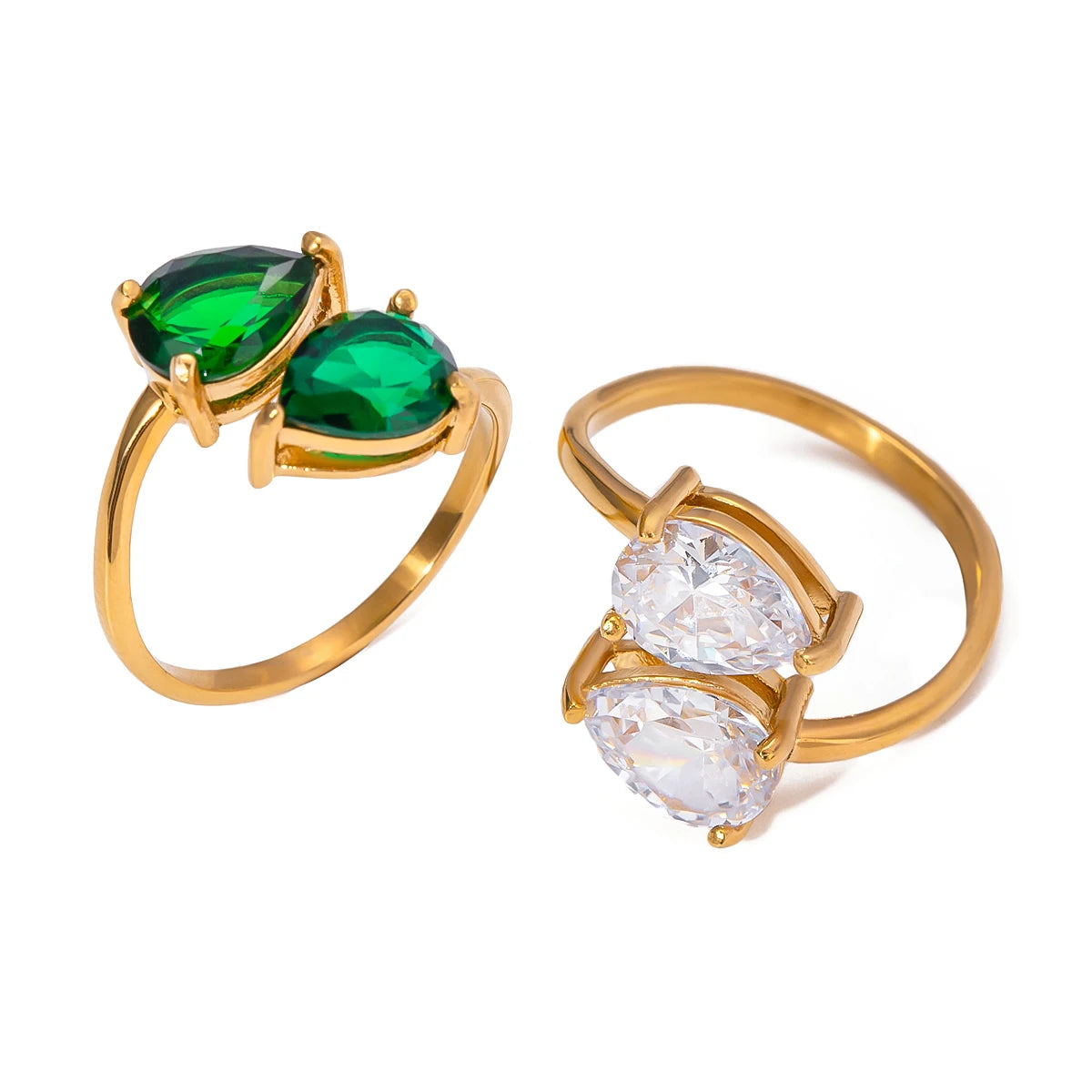 Luxe Jewels Elegant Green Double Teardrop Zirconia Ring – 18K Gold Plated Stainless Steel