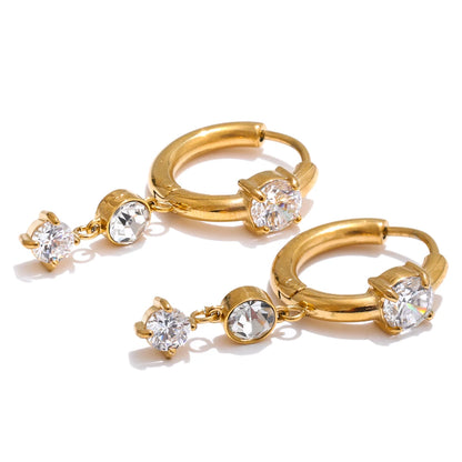 Gold Plated Stainless Steel Cubic Zirconia Drop Earrings