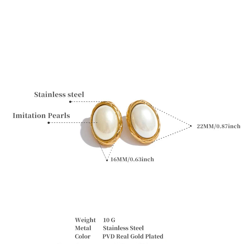 Korean Style Off White Gold - Oval Stud Earrings for Women Pearl Stainless Steel 18K PVD Plated Fashion Jewelry
