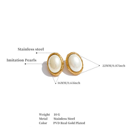 Korean Style Off White Gold - Oval Stud Earrings for Women Pearl Stainless Steel 18K PVD Plated Fashion Jewelry