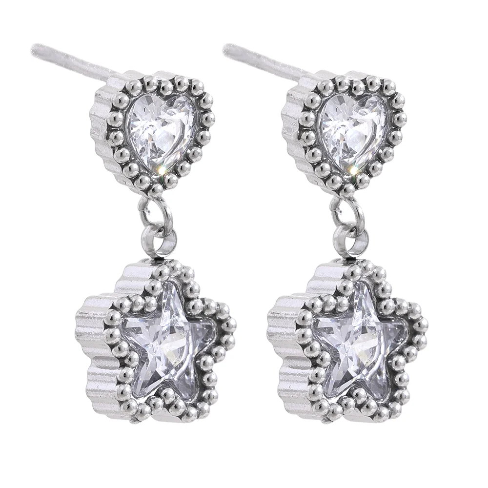 High Quality Blue White Cubic Zirconia Stainless Steel Heart Star Drop Earrings - 18K Gold Plated Jewelry