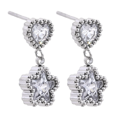 High Quality Blue White Cubic Zirconia Stainless Steel Heart Star Drop Earrings - 18K Gold Plated Jewelry
