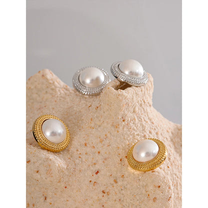 Korean Imitation Pearls Round Stud Earrings Hypoallergenic Elegant Classic Daily Fashion Gold & Platinum PVD Plated Jewelry