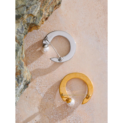 U-Shape Pearl Brooch Pin – Gold Plated Stainless Steel Accessory