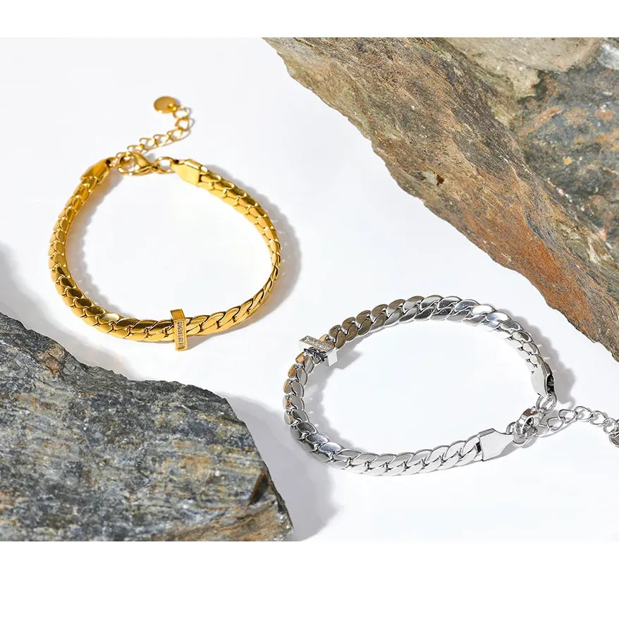 Stainless Steel Waterproof 18K Gold Cuban Zircon Bracelet