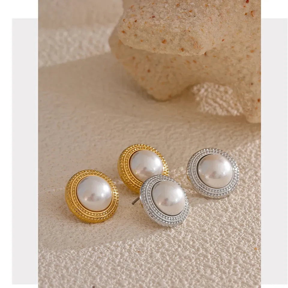 Korean Imitation Pearls Round Stud Earrings Hypoallergenic Elegant Classic Daily Fashion Gold & Platinum PVD Plated Jewelry