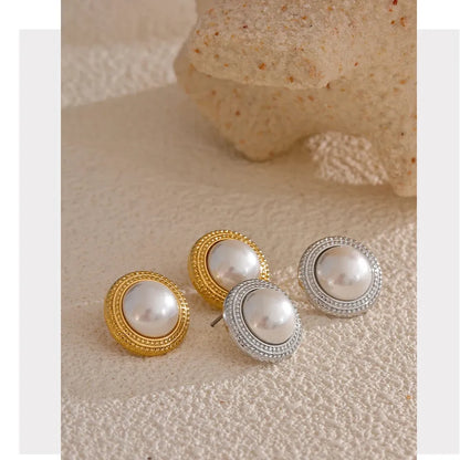 Korean Imitation Pearls Round Stud Earrings Hypoallergenic Elegant Classic Daily Fashion Gold & Platinum PVD Plated Jewelry